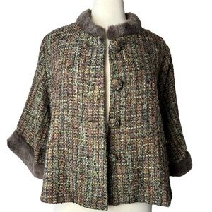 Tweed Cashmere Blend Faux Fur Trim Swing Jacket Purple Lining Free Size M-L